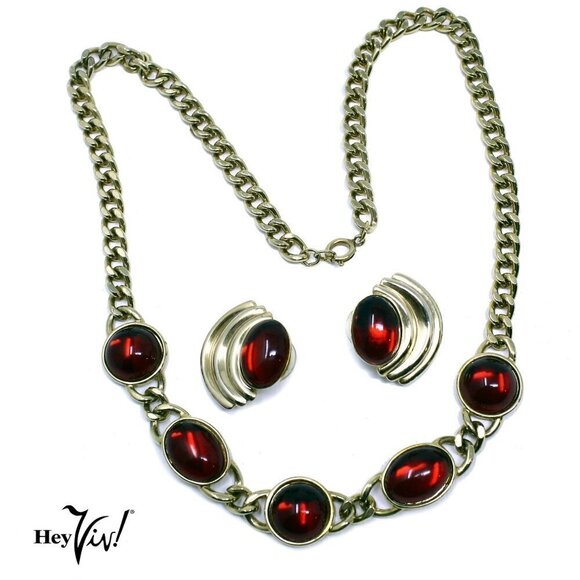 Vintage Statement Set Gold and Red Necklace and Pierced Earrings - Hey Viv - Picture 1 of 5